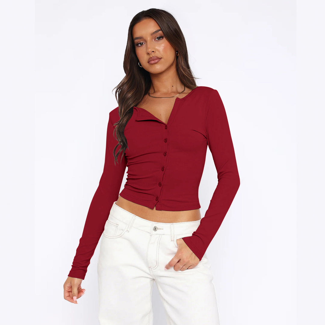 Damen figurbetontes Langarmshirt mit Knopfleiste Heidi-Mode