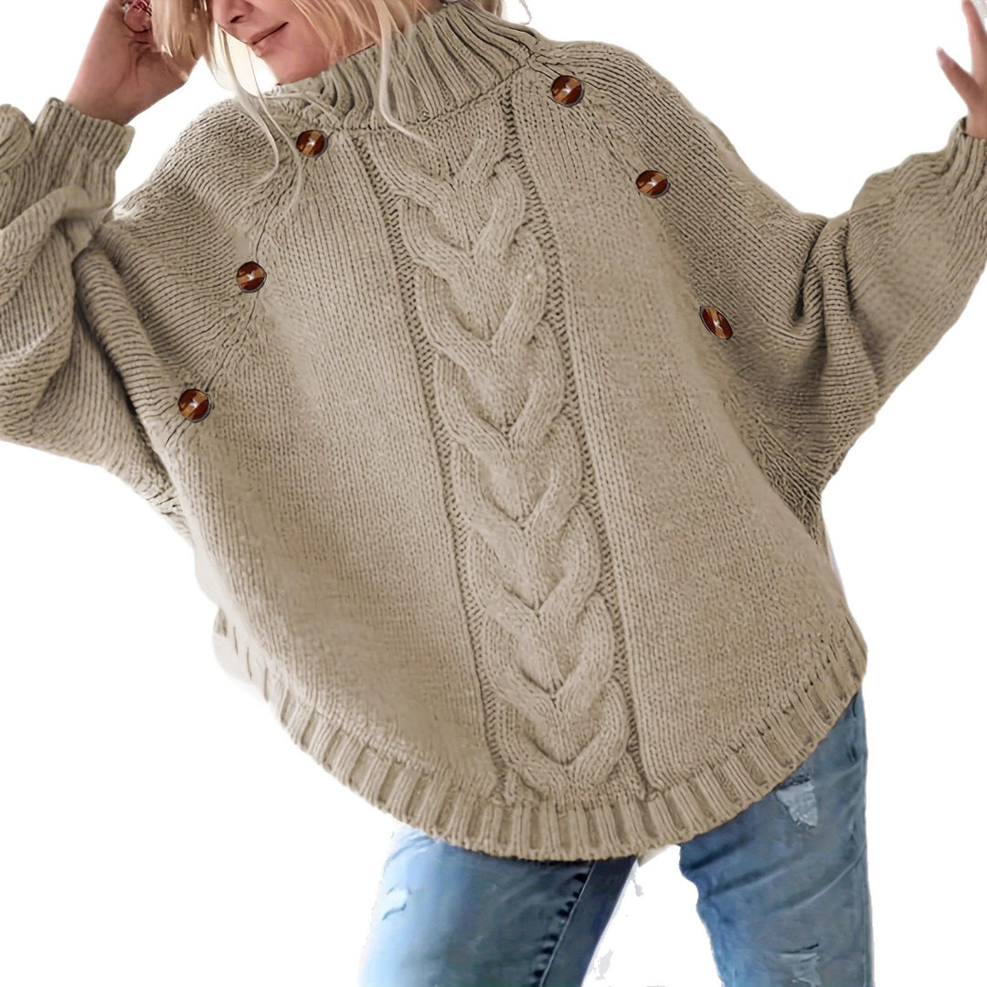 Damen Oversized Strickpullover mit Hochkragen und dekorativen Knopfdetails Heidi-Mode