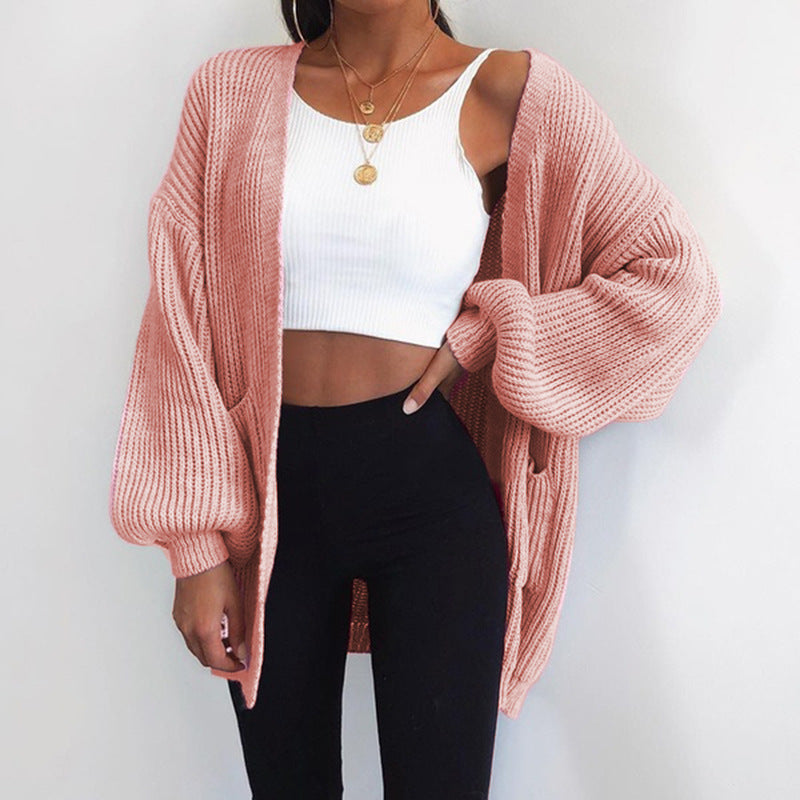 Damen Grober Strickcardigan mit ballonförmigen Ärmeln und lässigem Schnitt Heidi-Mode