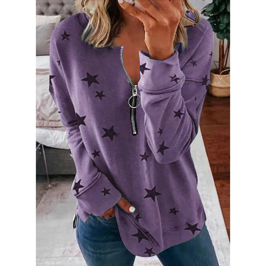 Damen Lässiger Sweatshirt mit Reißverschluss und Sternenmotiv Heidi-Mode