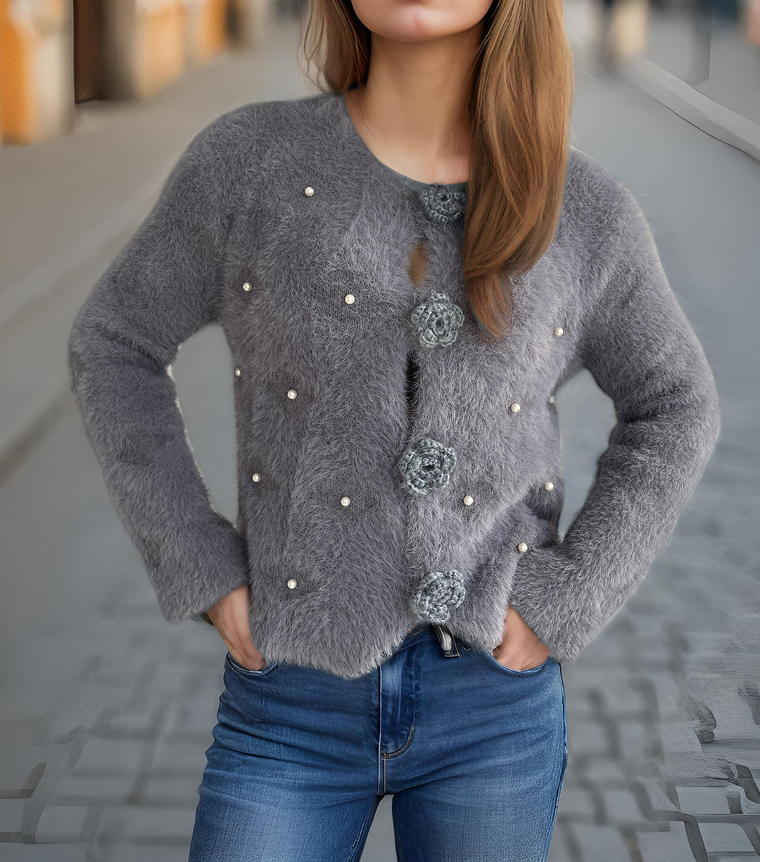 Damen Strickjacke mit floralen Applikationen und perlverzierter Detail Heidi-Mode