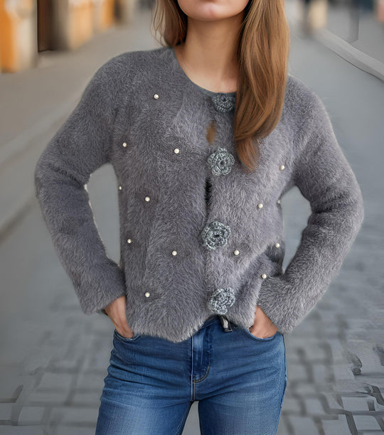 Damen Strickjacke mit floralen Applikationen und perlverzierter Detail Heidi-Mode