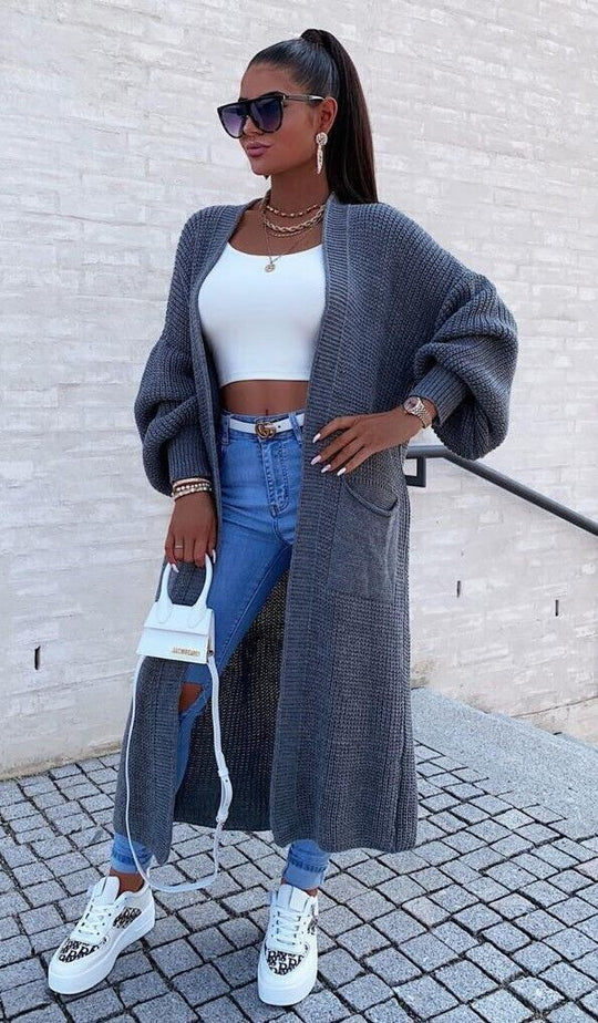 Damen Langer Strickmantel mit großzügigen Taschen Heidi-Mode