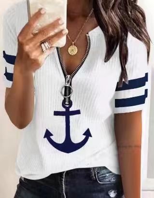 Damen maritim inspirierter Kurzarm Pullover mit Reißverschluss und Anker-Motiv Heidi-Mode
