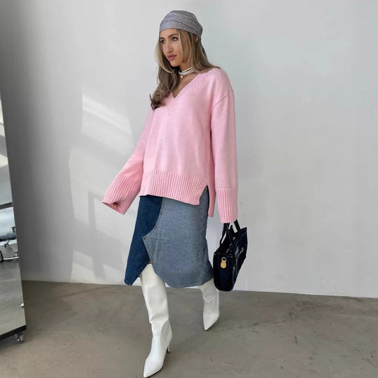 Damen lässiger V-Ausschnitt Pullover mit strukturierter Textur Heidi-Mode