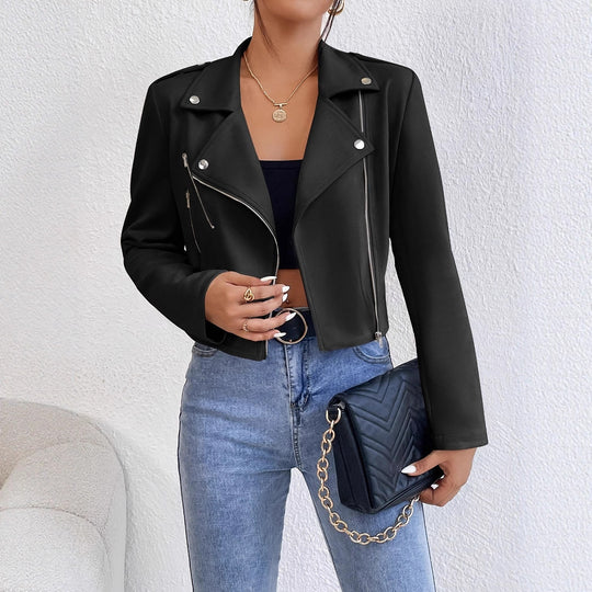Damen Stylische Kunstjacke im Biker-Stil mit asymmetrischem Reißverschluss Heidi-Mode