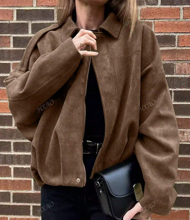 Damen Oversized Freizeitjacke aus hochwertigem Wildlederimitat mit dekorativen Details Heidi-Mode