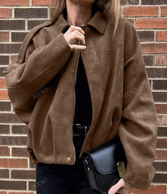Damen Oversized Freizeitjacke aus hochwertigem Wildlederimitat mit dekorativen Details Heidi-Mode