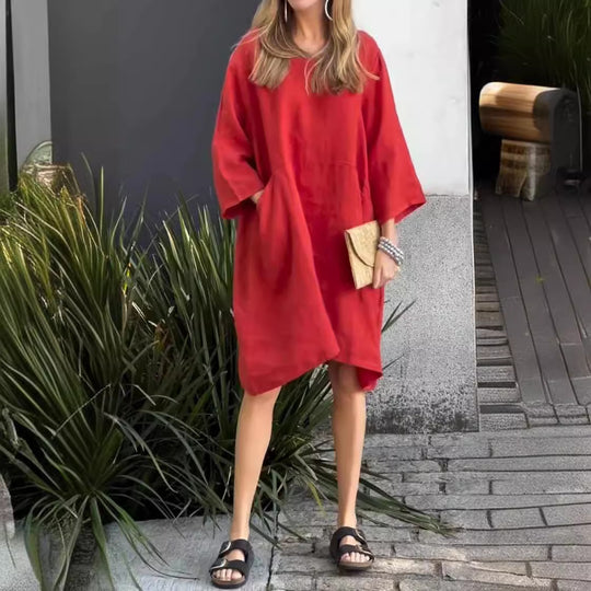 Damen lässiges Leinenkleid mit praktischen Taschen und asymmetrischem Saum Heidi-Mode