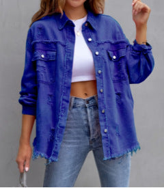 Damen Stylische Overshirt-Jacke mit fransigem Saum Heidi-Mode