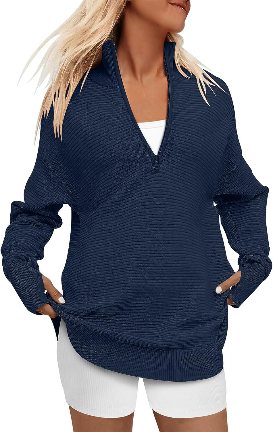 Damen Oversized Pullover mit Stehkragen und Reißverschluss Heidi-Mode