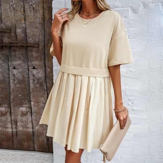 Damen lässiges T-Shirt-Kleid mit kontrastierendem Oberteil und schwingendem Rock Heidi-Mode