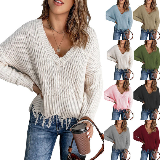Damen V-Ausschnitt Strickpullover mit Fransen Heidi-Mode