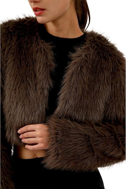 Damen Kurze glamouröse Kunstfelljacke mit lockeren Ärmeln Heidi-Mode