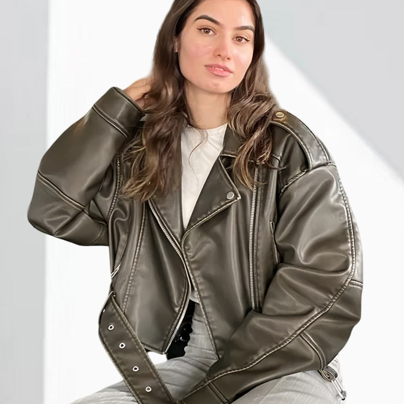Damen Kunstleder Bikerjacke mit weitem Schnitt und umfangreichen Details Heidi-Mode