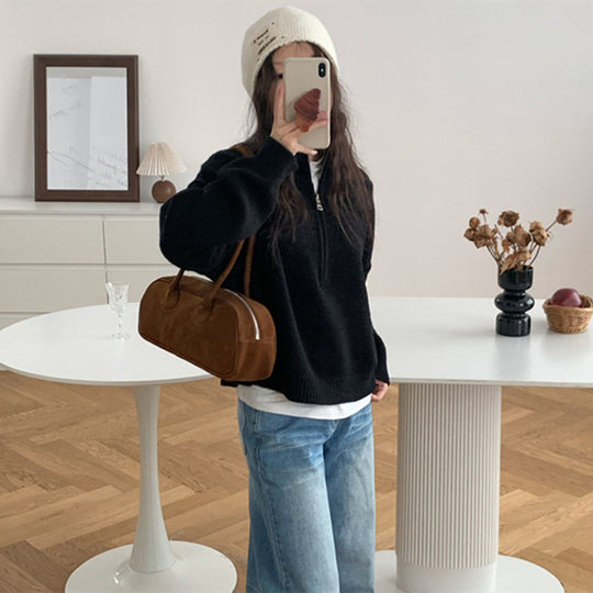 Damen lässiger Pullover mit kurzem Reißverschluss und entspannter Passform Heidi-Mode