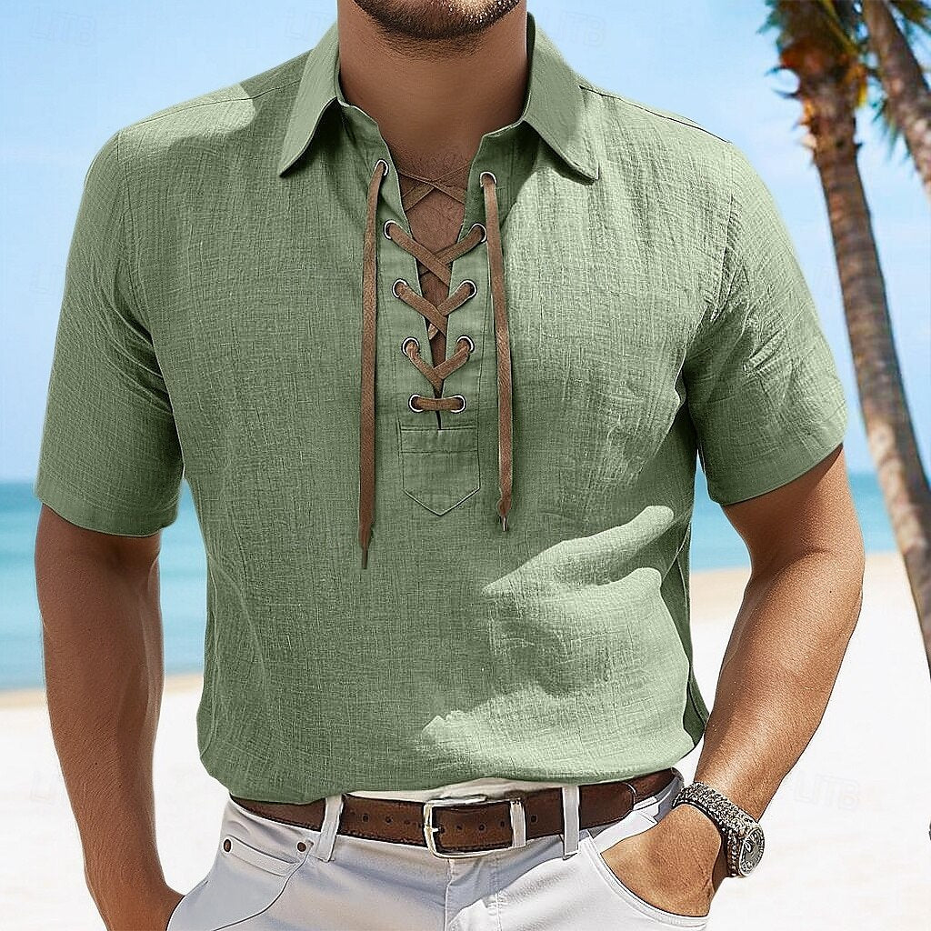 Heidi Mode | Leinen Revers Tether V-Ausschnitt Kurzarm-Shirt