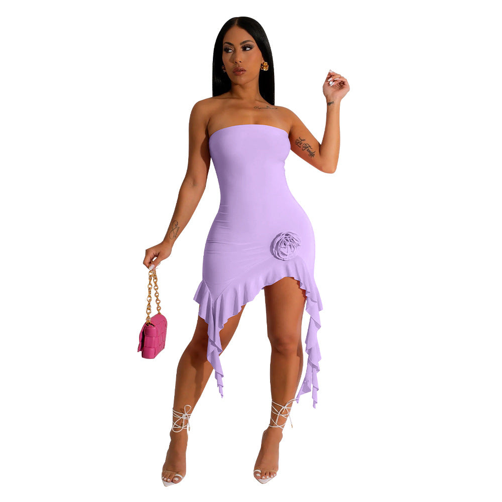 Damen Rüschen Kleid mit trägerlosem Design und asymmetrischem Saum Heidi-Mode