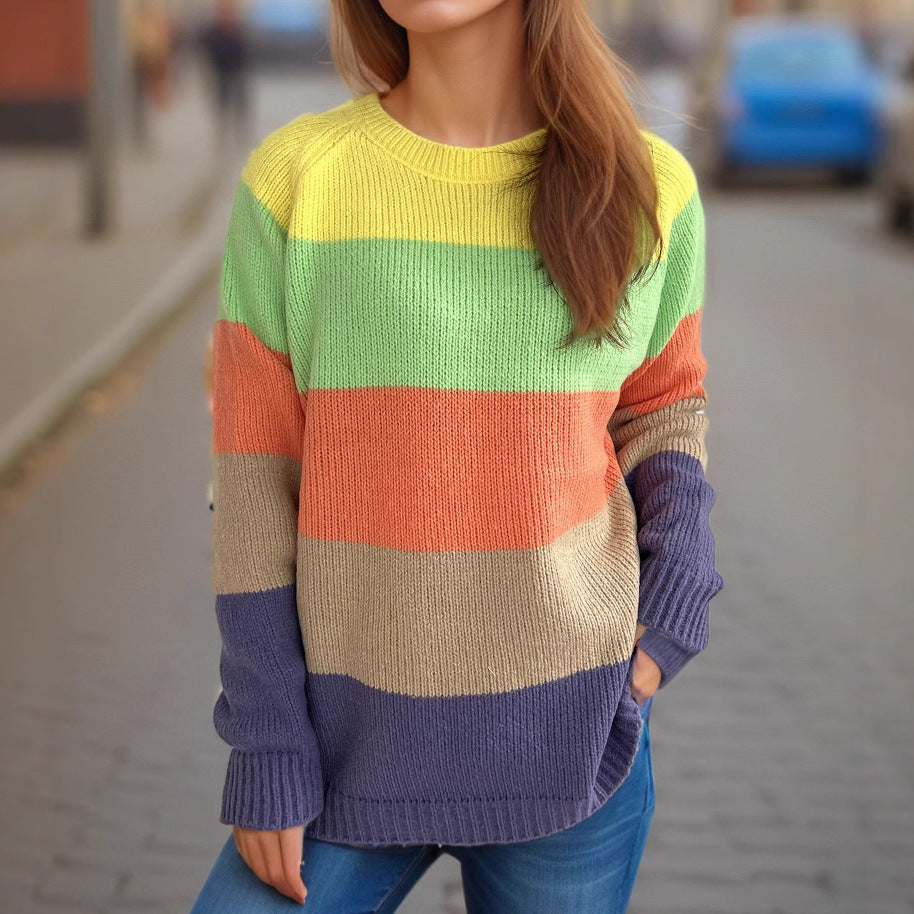 Damen lässiger Strickpullover mit bunten Blockstreifen und weitem Schnitt Heidi-Mode
