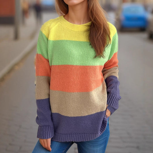 Damen lässiger Strickpullover mit bunten Blockstreifen und weitem Schnitt Heidi-Mode