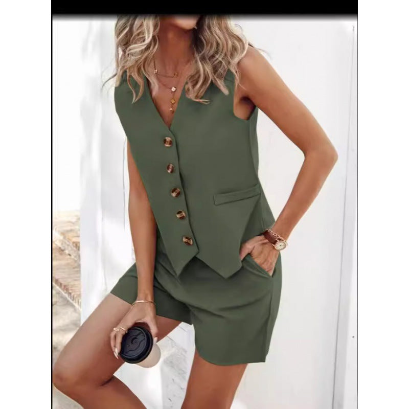 Damen modernes Weste-Hosen-Set mit Knopfdetails Heidi-Mode