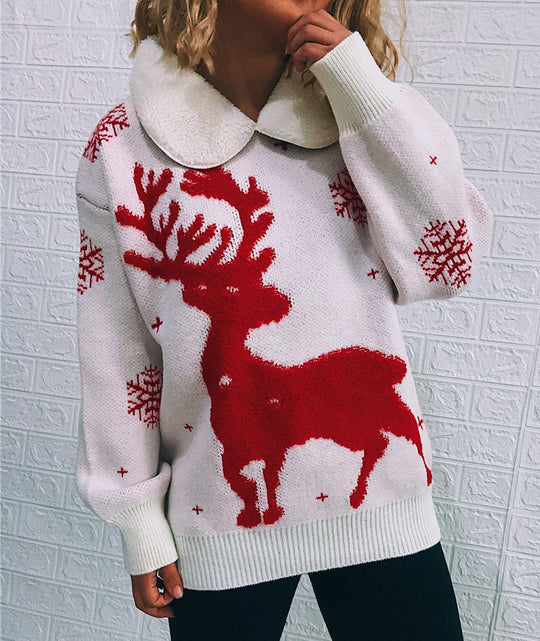 Damen Weihnachts-Pullover mit festlichem Rentier-Motiv und weichem Kragen Heidi-Mode