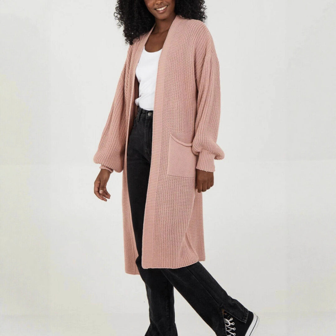 Damen Langer Strickcardigan mit voluminösen Ärmeln und offenem Schnitt Heidi-Mode