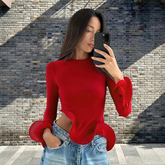 Damen Trendy Oberteil mit asymmetrischen Rüschendetails und elegantes Design Heidi-Mode