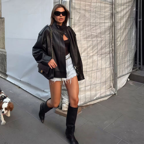 Damen elegante Oversized-Lederjacke mit hohem Kragen und praktischen Taschen Heidi-Mode