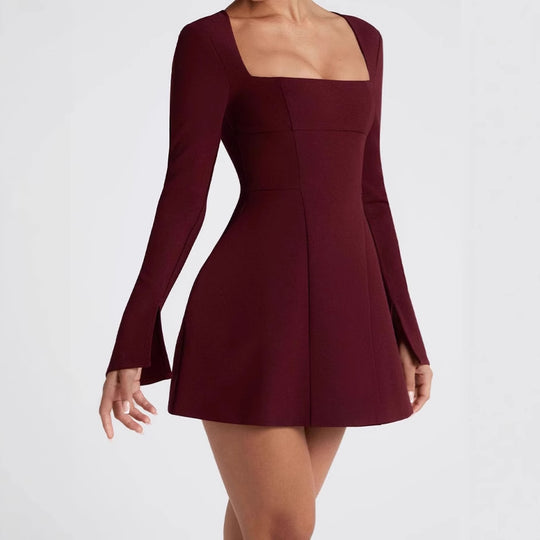Damen Elegantes Minikleid mit Quadrat-Ausschnitt und ausgestellten Ärmeln Heidi-Mode