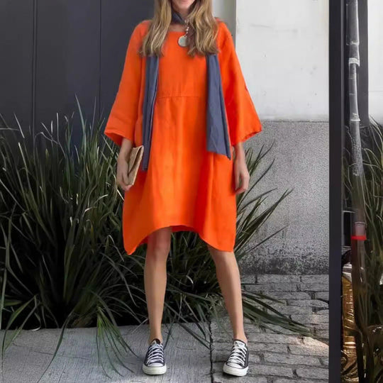 Heidi-Mode | Lässig Einfarbig Lose Taschen Baumwoll-Leinen Kleid