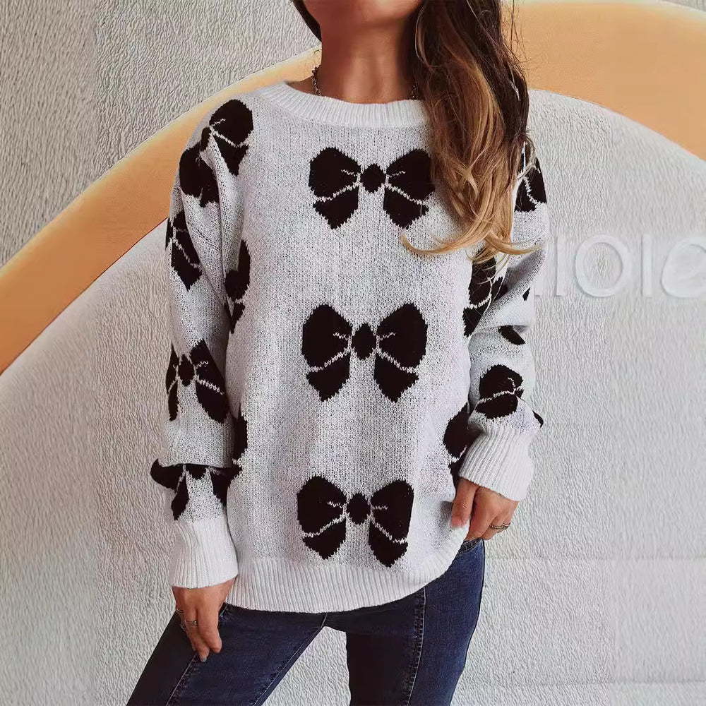 Damen lässiger Pullover mit verspieltem Schleifenmuster Heidi-Mode