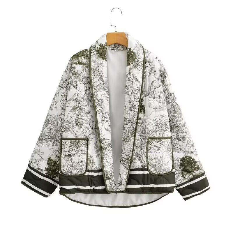 Damen leichte Steppjacke im botanischen Design mit großen Taschen Heidi-Mode