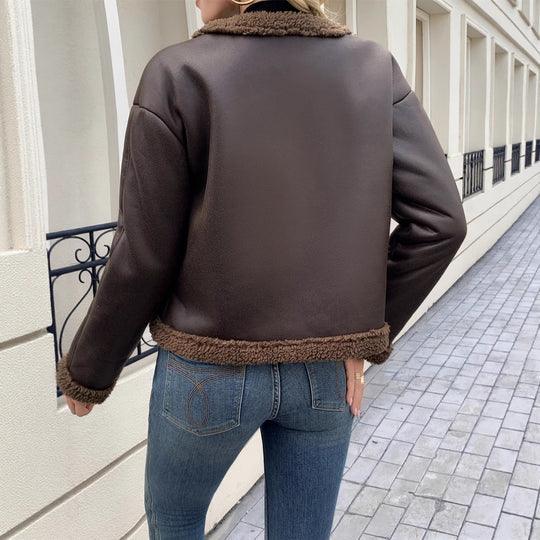 Damen Kurz geschnittene Texturjacke mit verdeckten Knöpfen und Taschen Heidi-Mode