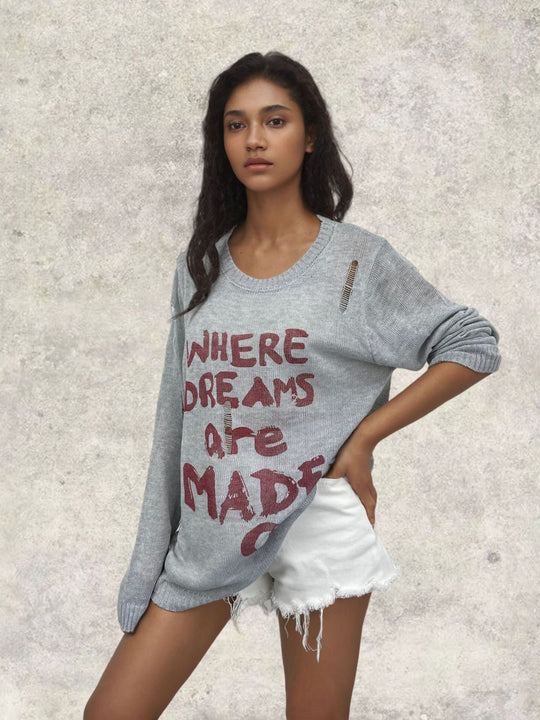 Damen lässiger Oversized Pullover mit auffälligem Schriftzug und Strick-Details Heidi-Mode