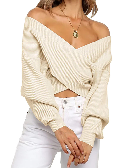 Damen eleganter cropped Pullover mit weitem V-Ausschnitt und Rippstruktur Heidi-Mode