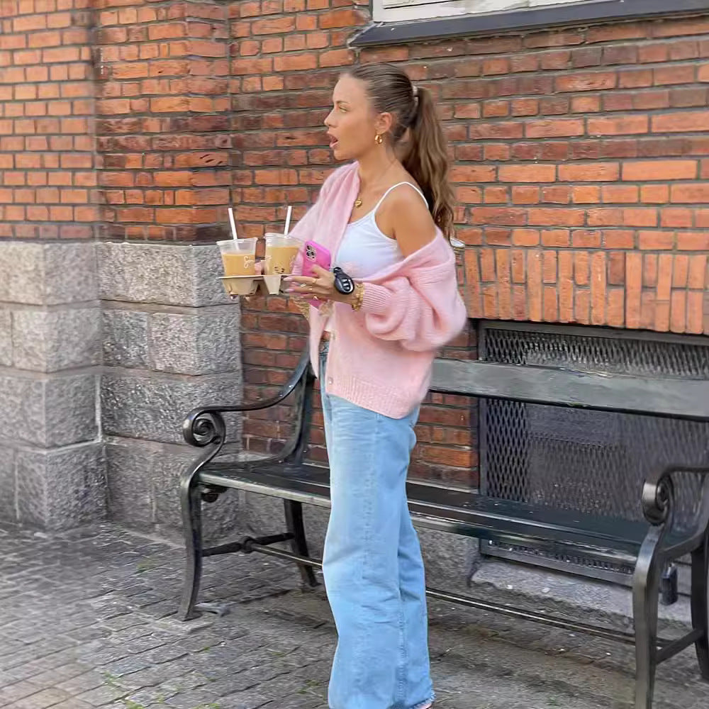 Damen kuschelige Strickjacke mit ballonförmigen Ärmeln Heidi-Mode