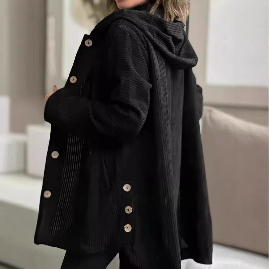 Damen Kapuzenjacke aus Kordstoff mit Knopfverschluss Heidi-Mode