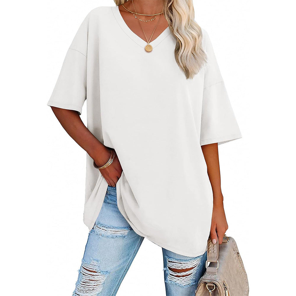 Damen Oversized T-Shirt mit V-Ausschnitt und seitlichen Schlitzen Heidi-Mode