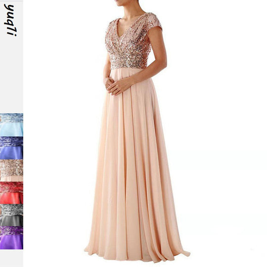 Heidi-Mode | Damen Kurzarm Glitzer Maxi Kleid