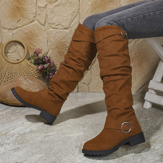 Damen Overknee-Stiefel aus weichem Wildleder mit dekorativem Schnallen-Detail Heidi-Mode