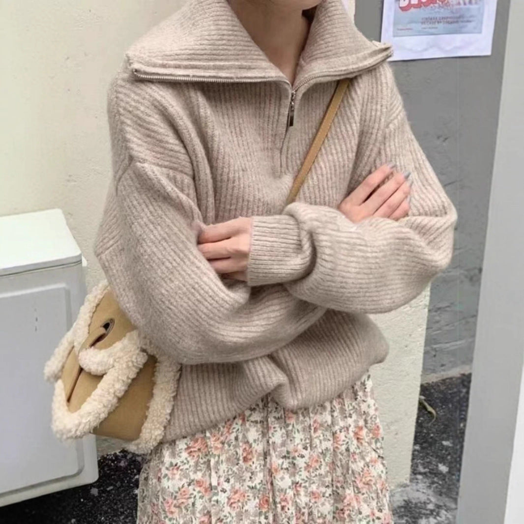 Damen Leichter Strickpullover mit hohem Kragen und Reißverschluss Heidi-Mode