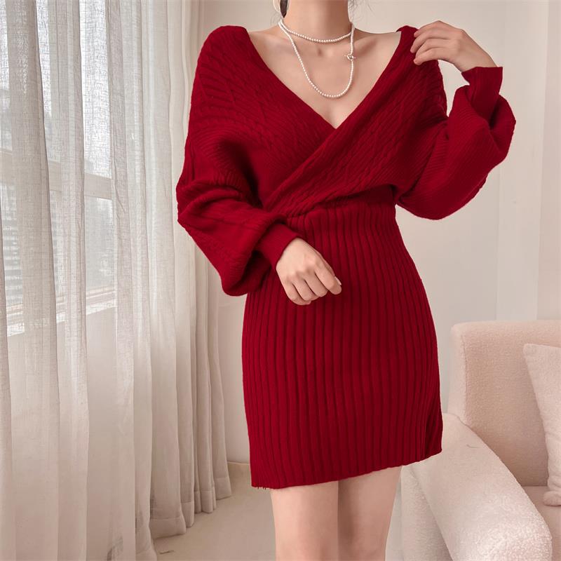 Damen Elegantes Strickkleid mit V-Ausschnitt und strukturiertem Oberteil Heidi-Mode