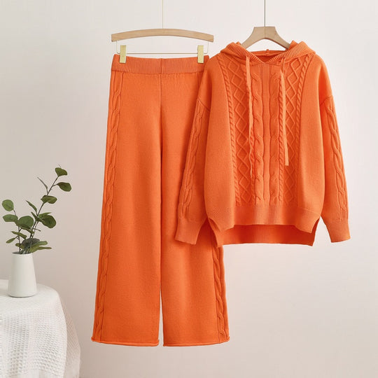 Damen lässiges Strick-Loungewear-Set mit Kapuze und breiten Beinen Heidi-Mode