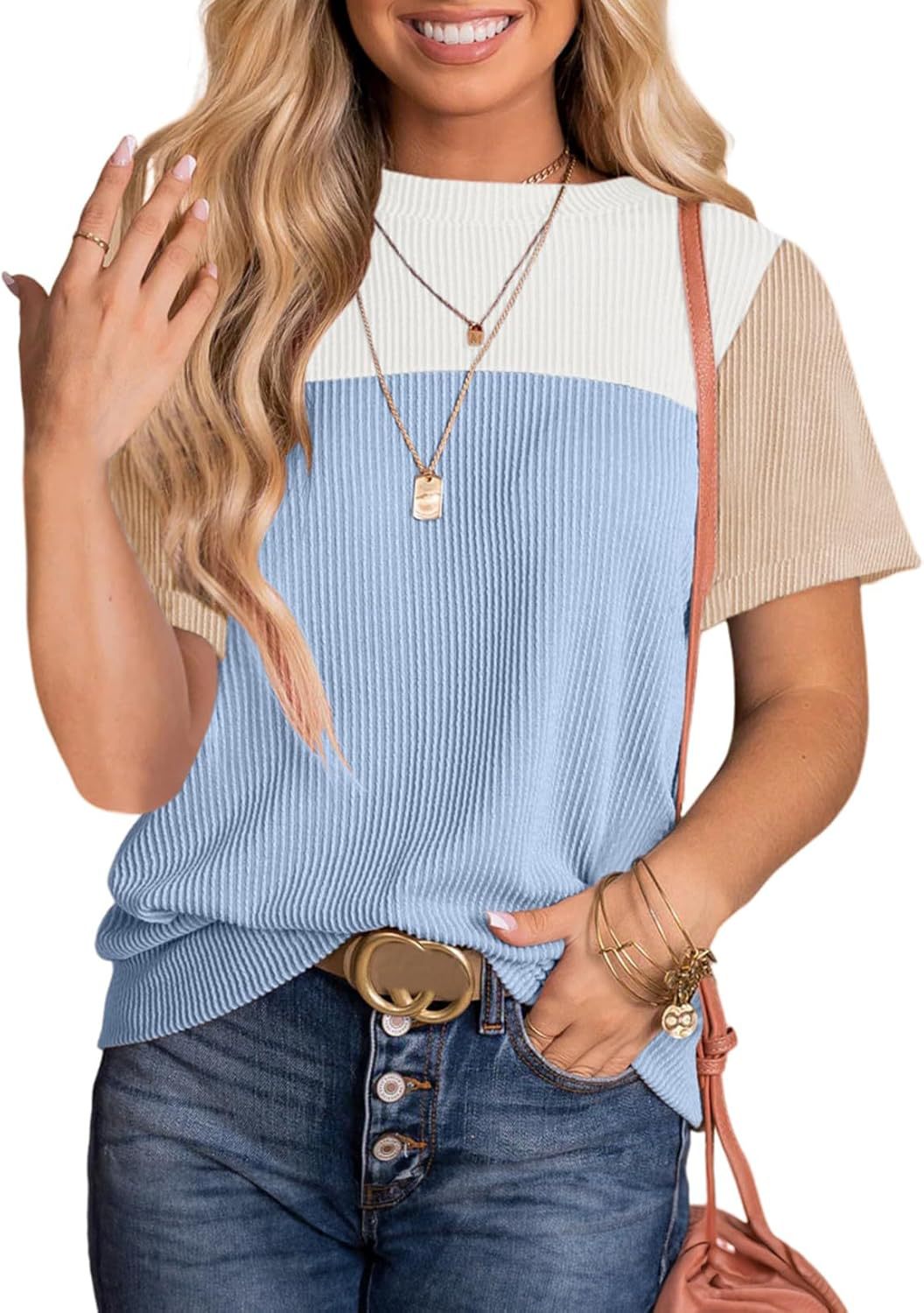 Damen modisches Rippoberteil mit kontrastierenden Farbblockdetails Heidi-Mode