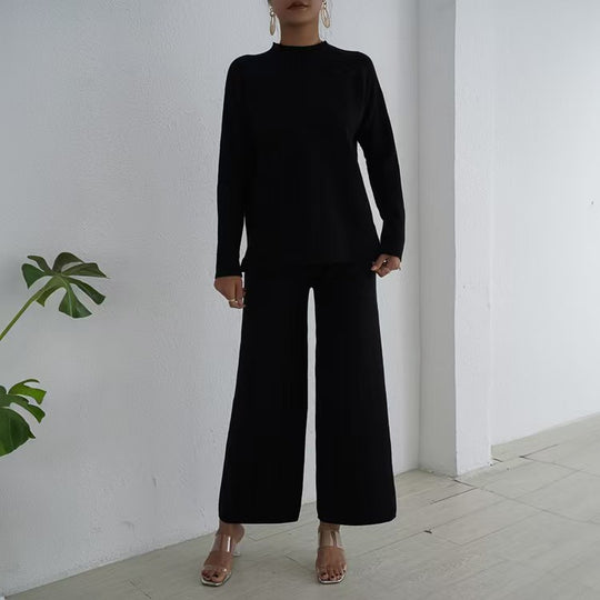Damen elegantes und lässiges Strick-Loungewear-Set mit hohem Kragen und weiten Beinen Heidi-Mode