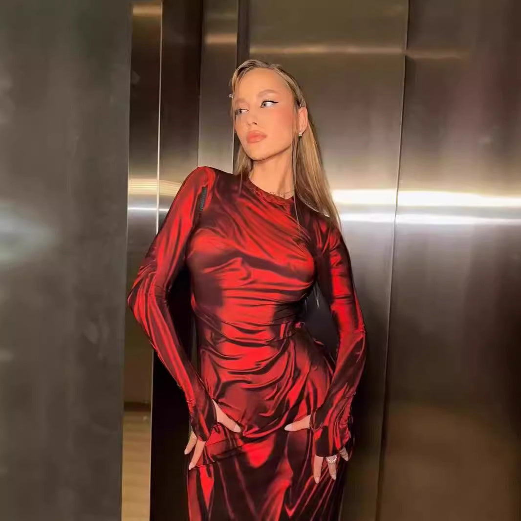 Damen Elegantes Langarmkleid aus glänzendem Stoff Heidi-Mode