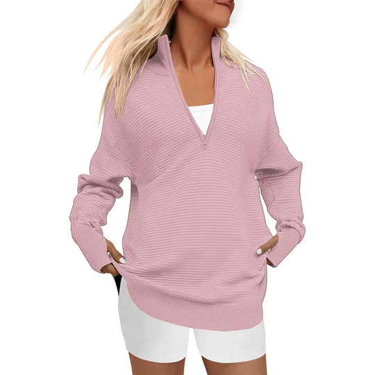 Damen Oversized Pullover mit Stehkragen und Reißverschluss Heidi-Mode