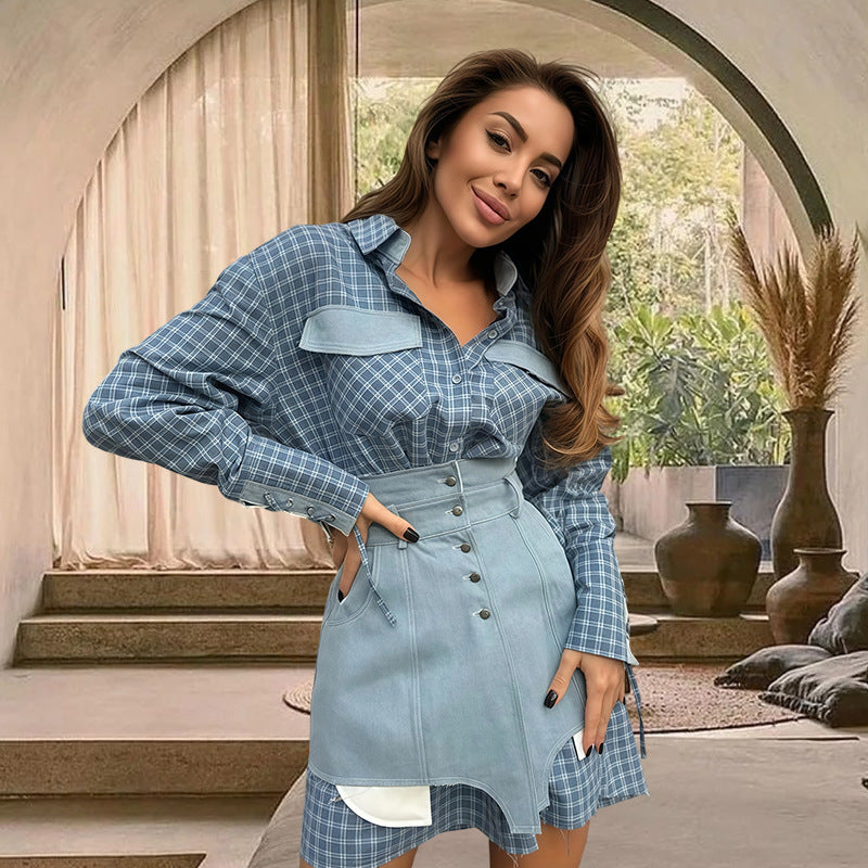Damen Karo Hemdbluse mit Jeansrock und artisanalem Schnitt Heidi-Mode