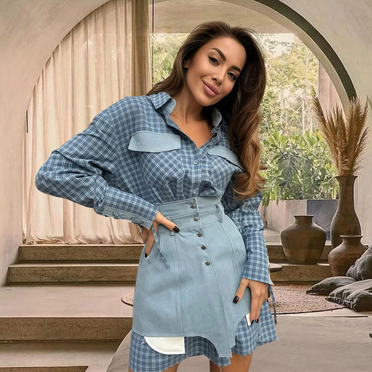 Damen Karo Hemdbluse mit Jeansrock und artisanalem Schnitt Heidi-Mode